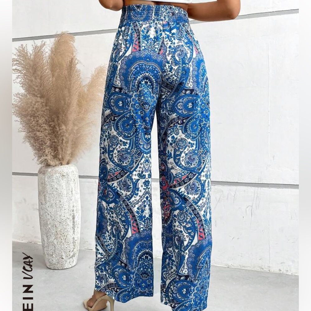 SHEIN VCAY paisley print belted wide leg pants